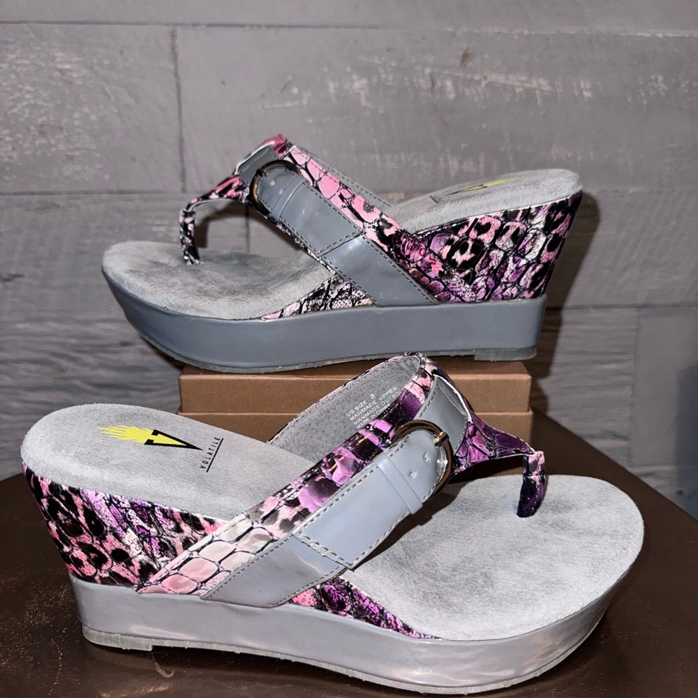 Volatile Pink and Gray Wedge Sandals with Cushioned Insole